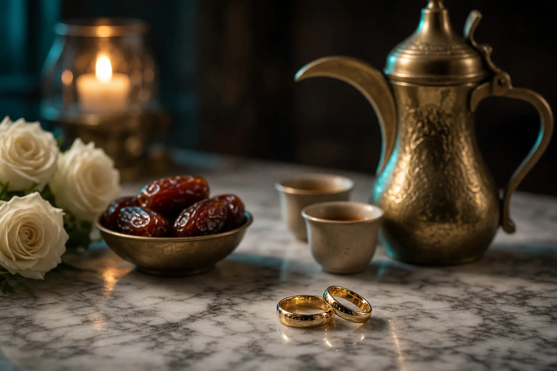 تصوير تفاصيل الزواج — دبل الزواج ودلة القهوة والورد